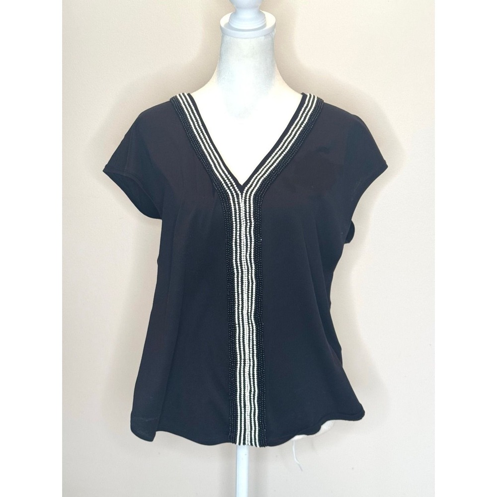 Chanel Black Beaded V-Neck Short Sleeve Top France P42975V31383 FR 44‎ US 12